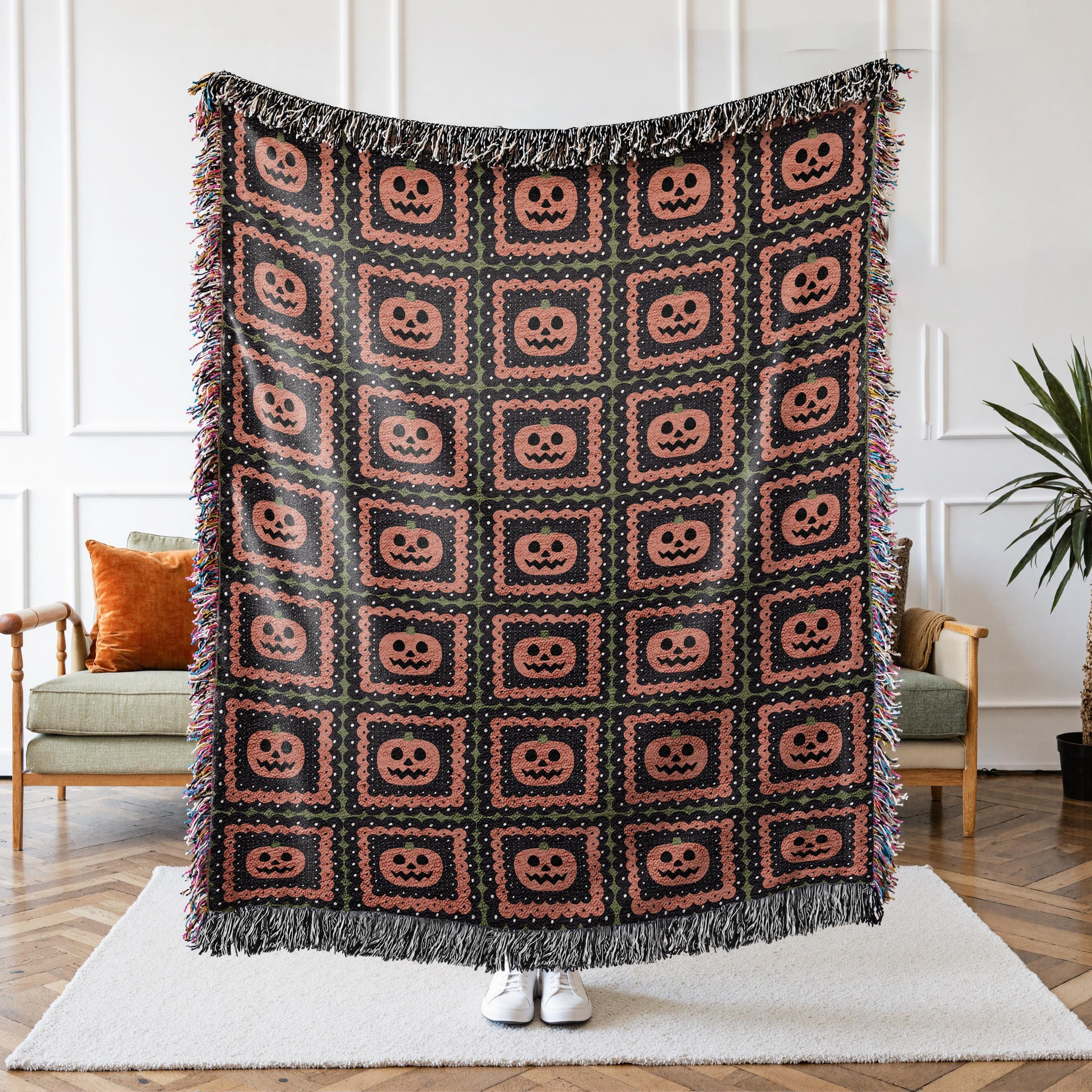 Pumpkin Granny Square Halloween Woven Throw Goth Blanket | Halloween Lover | Cozy Halloween decor Faux Crochet Jack O Lantern Grannycore