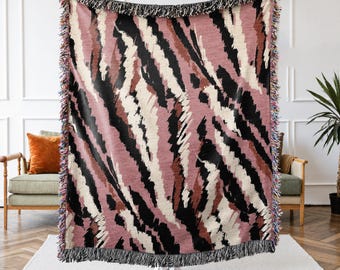 Pink Tiger Print Whimsical Woven Throw Blanket, Boho Tiger Stripe Jungle Animal Pattern Eclectic Wall Tapestry Decor, Modern Maximalist