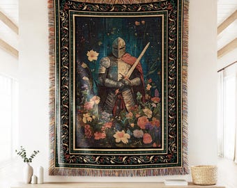 Knight in Armor in Wildflowers Woven Throw Blanket, Medieval Fantasy Romance Tapestry, Dark Academia Nature Decor, Moody Aesthetic Wall Art