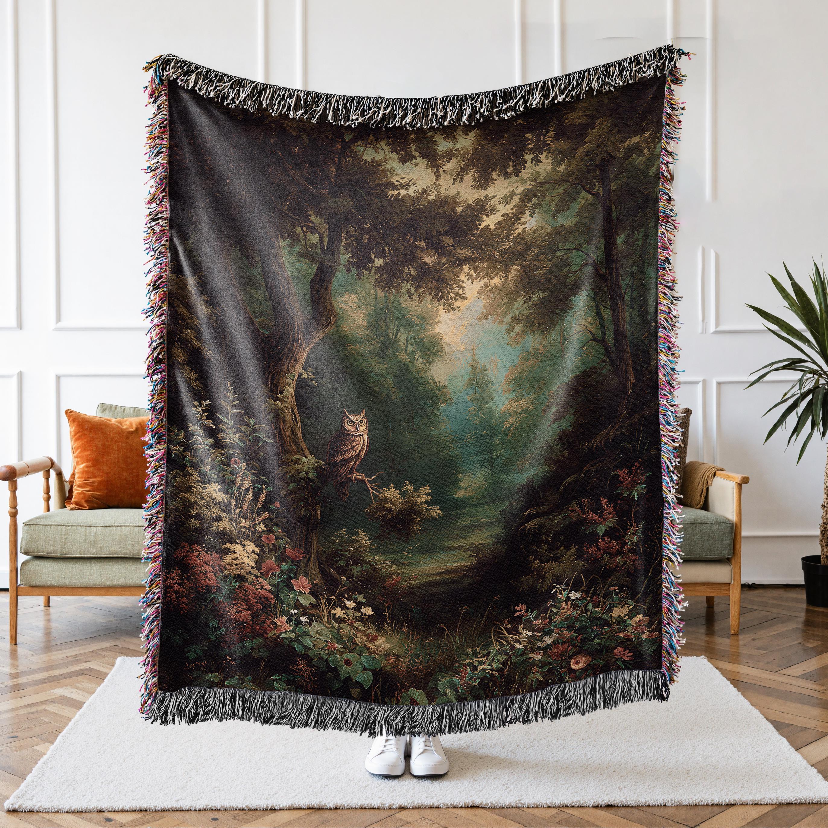 Enchanted Forest Owl Woven Throw Blanket, Outdoorsman Decor Birthday Gift for Her, Rustic Cabincore