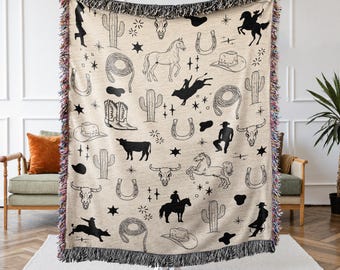 Western Cowboy Line Art Woven Throw Blanket, Countrycore Rustic Farmhouse Decor, Ranch Wall Art Cottagecore Tapestry, Cowgirl Gift for Her