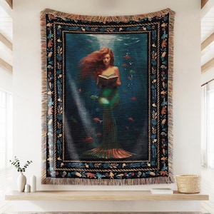 Little Mermaid Woven Throw Blanket, Fantasy Mermaid Fairytale Romance Tapestry, Dark Academia Book Lover Gift Decor for Girl, Moody Wall Art
