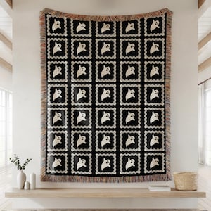 Cute Ghost Faux Granny Square Halloween Woven Throw Blanket, Whimsical Spooky Aesthetic, Dark Cottagecore Tapestry, Maximalist Decor Accent