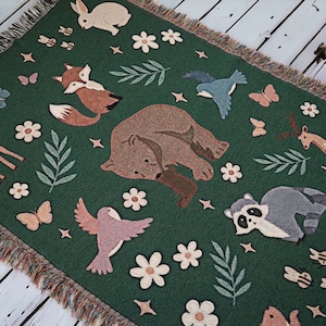 Woodland Animal Woven Throw Blanket | Nature Home Decor | Cozy Nursery | Kids Room Decor | Maximalist Throw | Woodland Nursery Decor