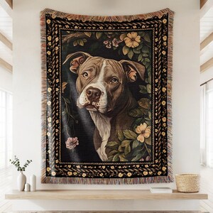Dark Moody Pit Bull Memorial Woven Throw Blanket, New Puppy Welcome Tapestry, Dog Mom Gift, Pet Groomer Christmas, Maximalist Home Decor