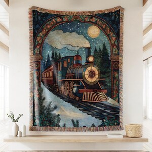 Stained Glass Blue Christmas Train Woven Throw Blanket, Vintage Gift for Her, Winter Landscape Cozy Cottagecore Tapestry Holiday Maximalist