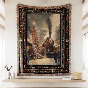 Classic Vintage Christmas Train Throw Blanket, Dark Moody Tapestry, Cozy Cottagecore Winter Village Decor, Holiday Wall Art, Gift for Her
