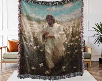 Consider the Lilies Christian Woven Throw Blanket, Matthew 6:28 Faith Based Tapestry, Jesus Wall Art, Inspirational Religious Cottagecore