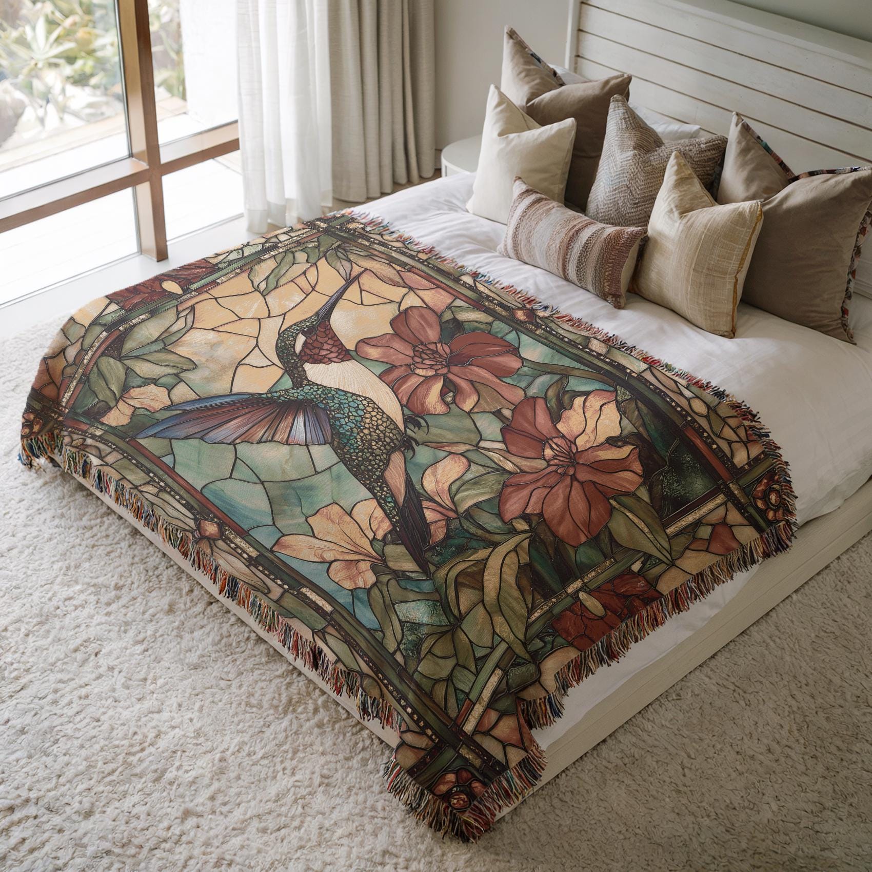 Stained Glass Hummingbird Woven Throw Blanket, Floral Decor Botanical ...