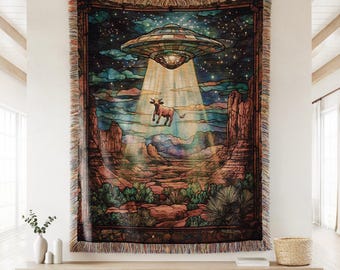 Funny Alien Abduction Cow Stained Glass Desert Night Woven Throw Blanket, Western UFO Housewarming Gift, Sci Fi Extra Terrestrial Tapestry