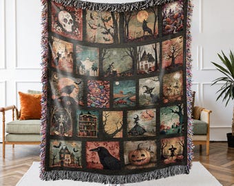 Whimsical Halloween Woven Throw Blanket, Dark Cottagecore Wall Tapestry, Whimsigoth Witchy Decor, Fall Holiday Wedding Gift for Gothic Girl