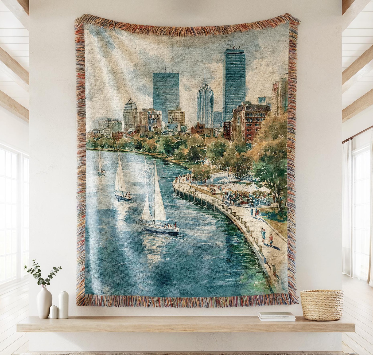 Boston Harbor Woven Throw Blanket, Home State Pride Destination Wall Tapestry, Massachusetts Housewarming Gift, Cityscape Travel Decor - 52'' × 37''