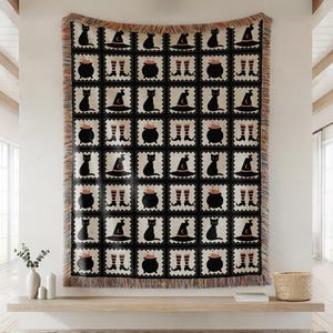 Halloween Witch Woven Throw Goth Blanket | Granny Square Halloween Witch Feet Black Cat |  Faux Crochet Black White Bedding Witchcore Decor