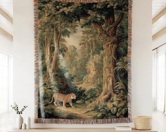 Tiger Blanket: Boho Woven Throw, Exotic Animal Fringed Tapestry, Jungle Nursery Decor, Asian Style Art Naturecore Maximalist Accent