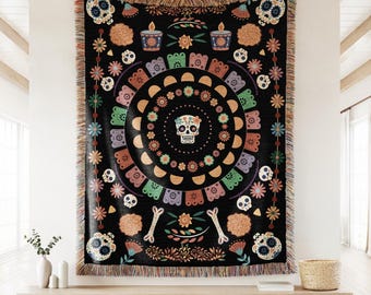 Day of the Dead Woven Throw Blanket | Dia de los Muertos Decor | Mexican Throw Blanket | Hispanic Heritage | Dia de Muertos Wall Tapestry