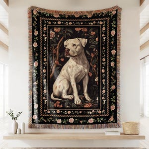 Dark Moody White Pit Bull Memorial Woven Throw, New Puppy Welcome Tapestry, Dog Mom Gift, Pet Groomer Christmas, Maximalist Home Decor