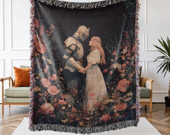 Princess and Knight Woven Decorative Throw Blanket, Medieval Fantasy Romance Tapestry, Dark Academia Warrior Aesthetic Castlecore Decor