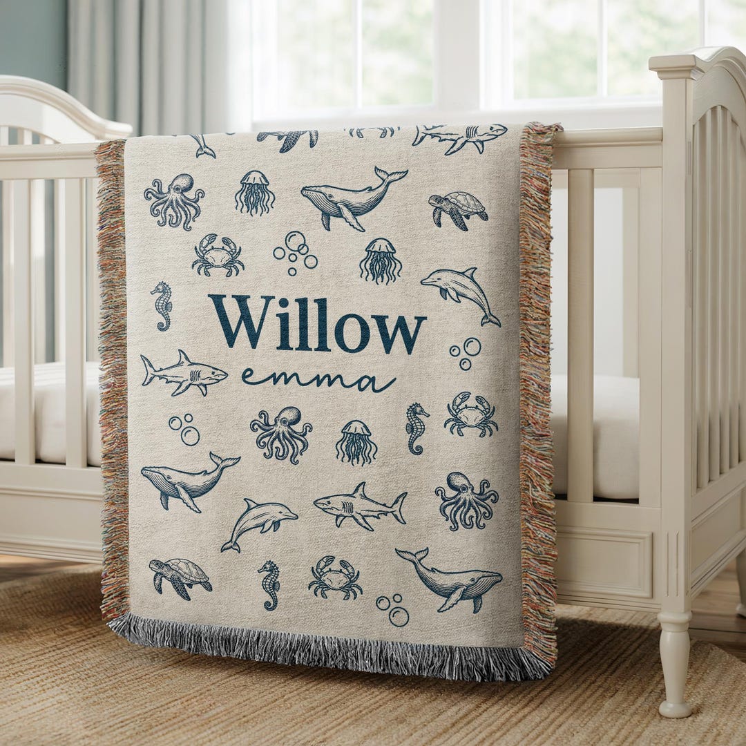 Personalized Ocean Animal Baby Blanket: Under the Sea Nursery Woven ...