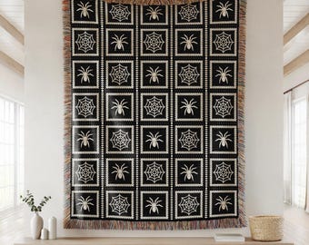 Spiderweb Halloween Woven Throw Goth Blanket | Granny Square Halloween Lover Gift | Cozy Halloween decor | Faux Crochet Black White Bedding