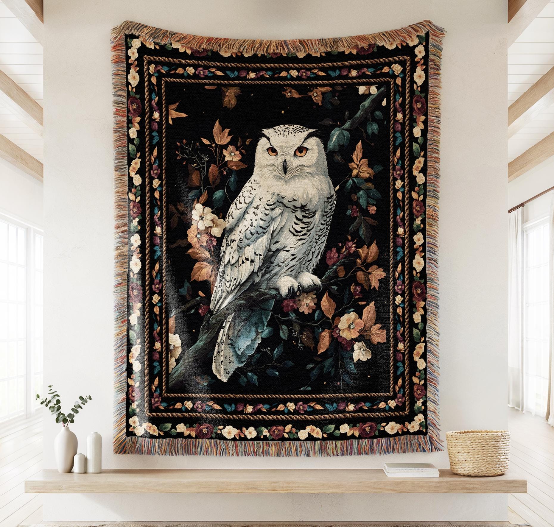 Floral Snowy Owl Woodland Woven Throw Blanket, Forest Wildlife Bird Wall Art Tapestry, Dark Moody Na