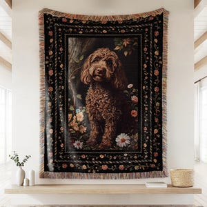 Dark Moody Chocolate Cockapoo Memorial Woven Throw Blanket, New Puppy Welcome Tapestry Dog Mom Gift, Pet Groomer Christmas, Maximalist Decor