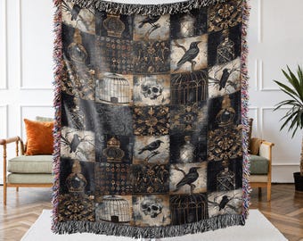 Gothic Raven Quilt Woven Throw Blanket, Spooky Halloween Tapestry, Dark Academia Decor, Whimsigoth Skull Accent, Moody Maximalist Home