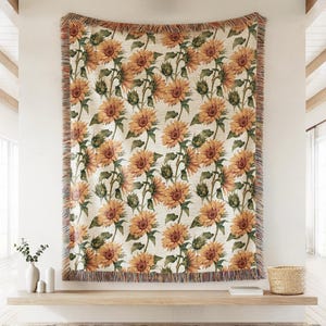Sunflower Floral Woven Throw Blanket, Boho Flower Decor, Botanical Plant Lover Gift, Nature Cottagecore Tapestry, Autumn Maximalist Accent
