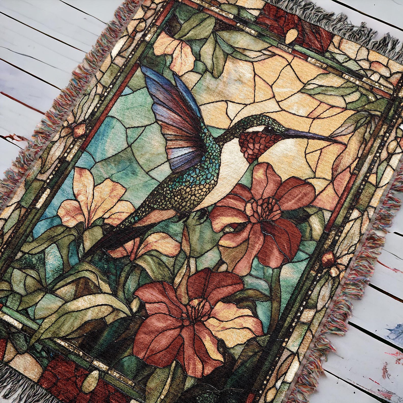 Stained Glass Hummingbird Woven Throw Blanket, Floral Decor Botanical ...