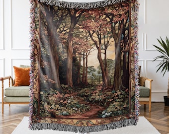 Stained Glass Enchanted Forest Woven Throw Blanket, Woodland Tree Maximalist Cabin Decor, Gift for Hiker, Fall Cottagecore Moody Tapestry