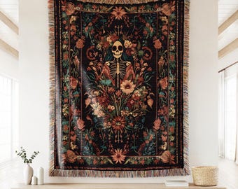Floral Catrina Calavera Woven Throw Blanket, Day of the Dead Decor, Mexican Hispanic Heritage Dia de Muertos Latin Maximalist Wall Tapestry
