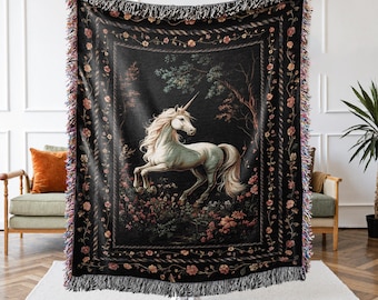 Unicorn Woven Throw Blanket Tapestry | Vintage Medieval Wall Hanging | Mystic Fairycore Decor | Fantasy Decor | Dark Academia Art Aesthetic