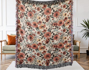 Poppy Flower Throw Blanket Tapestry Rug | Vintage Flower Woven Wall Hanging | Sofa Bed Cover Cotton Nature Lovers Gift | Floral Cottagecore