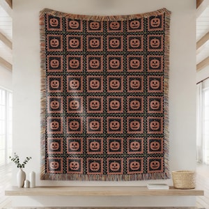 Pumpkin Granny Square Halloween Woven Throw Goth Blanket | Halloween Lover | Cozy Halloween decor Faux Crochet Jack O Lantern Grannycore