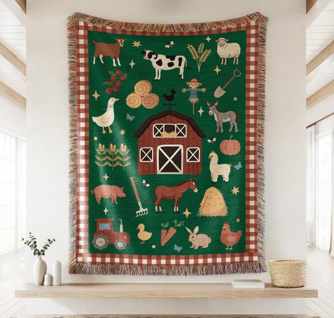 Rustic Red Barn Animal Woven Throw Blanket, Maximalist Cozy Countrycore ...