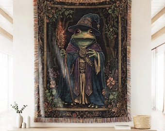 Fantasy Magic Toad Woven Throw Blanket, Medieval Wizard Frog Wall Art, Mystical Fairycore Tapestry, Maximalist Decor Dark Academia Aesthetic