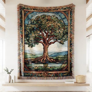 Stained Glass Oak Tree of Life Woven Throw Blanket, Landscape Nature Aesthetic, Plant Lover Gift, Boho Cottagecore Tapestry Maximalist Decor