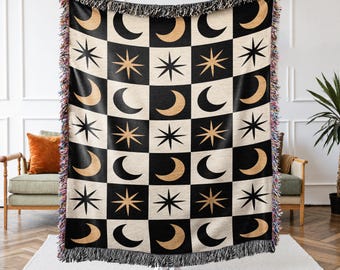 Celestial Moon Sun Star Whimsigoth Woven Throw Blanket, Lunar Astrology Wall Tapestry, Dark Academia Gothic Nursery Maximalist Home Decor