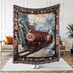 Stained Glass Christmas Train Woven Throw Blanket, Vintage Gift for Her, Winter Landscape Cozy Cottagecore Tapestry Holiday Maximalist Decor