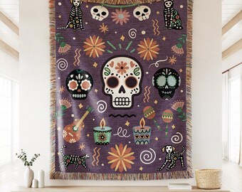 Dia de Muertos Woven Throw Blanket | Dia de los Muertos Decor | Mexican Throw Blanket | Hispanic Heritage | Day of the Dead Holiday Throw
