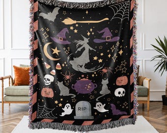 Halloween Witch Woven Throw Blanket | Cute Halloween Lover Gift | Cozy Halloween Blanket | Witchy decor | Gothic Halloween Decor Fall Throw