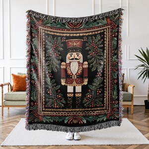 Classic Christmas Nutcracker Woven Throw Blanket, Dark Moody Holiday Tapestry, Seasonal Cozy Cottagecore Wall Art Decor, Ballet Gift for Her