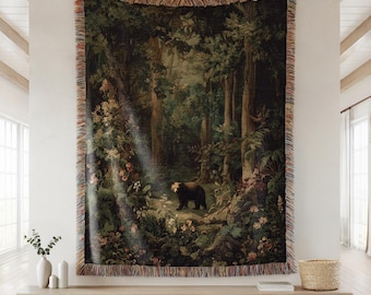Rustic Woodland Bear Woven Throw Blanket, Forest Wildlife Cabincore Tapestry, Outdoor Adventure Nature Lover Decorative Bedroom Accent