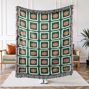 Fall Pumpkin Faux Granny Square Halloween Woven Throw Blanket, Whimsical Fall Aesthetic, Cozy Cottagecore Tapestry, Maximalist Decor Accent