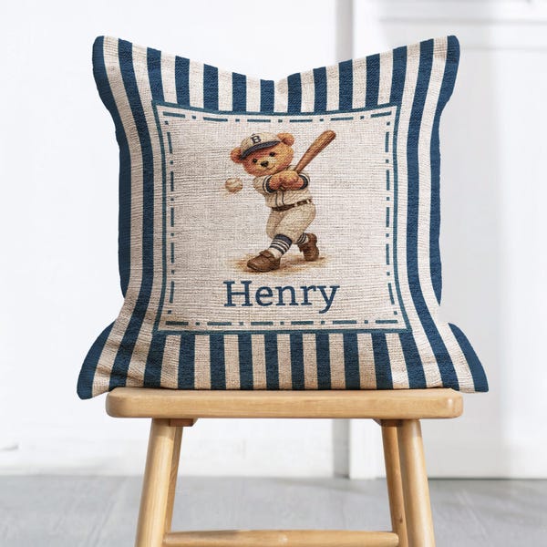 Vintage Baseball Teddy Bear Decorative Pillow, Crib Nursery Decor, Spring Sports Baby Shower Gift, Personalized Baby Heirloom, Boy Bedroom