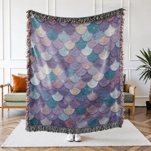 Mermaid Tail Woven Throw Blanket, Under the Sea Fish Scale Fantasy Fairycore Wall Art Tapestry, Little Girl Bedroom Maximalist Ocean Decor
