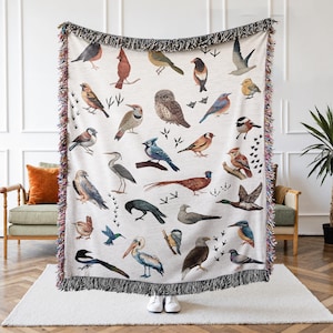American Birds Woven Throw Blanket, Spring Woodland Aesthetic, Birder Gift for Bird Watcher, Rustic Naturecore Ornithology Wall Art Tapestry