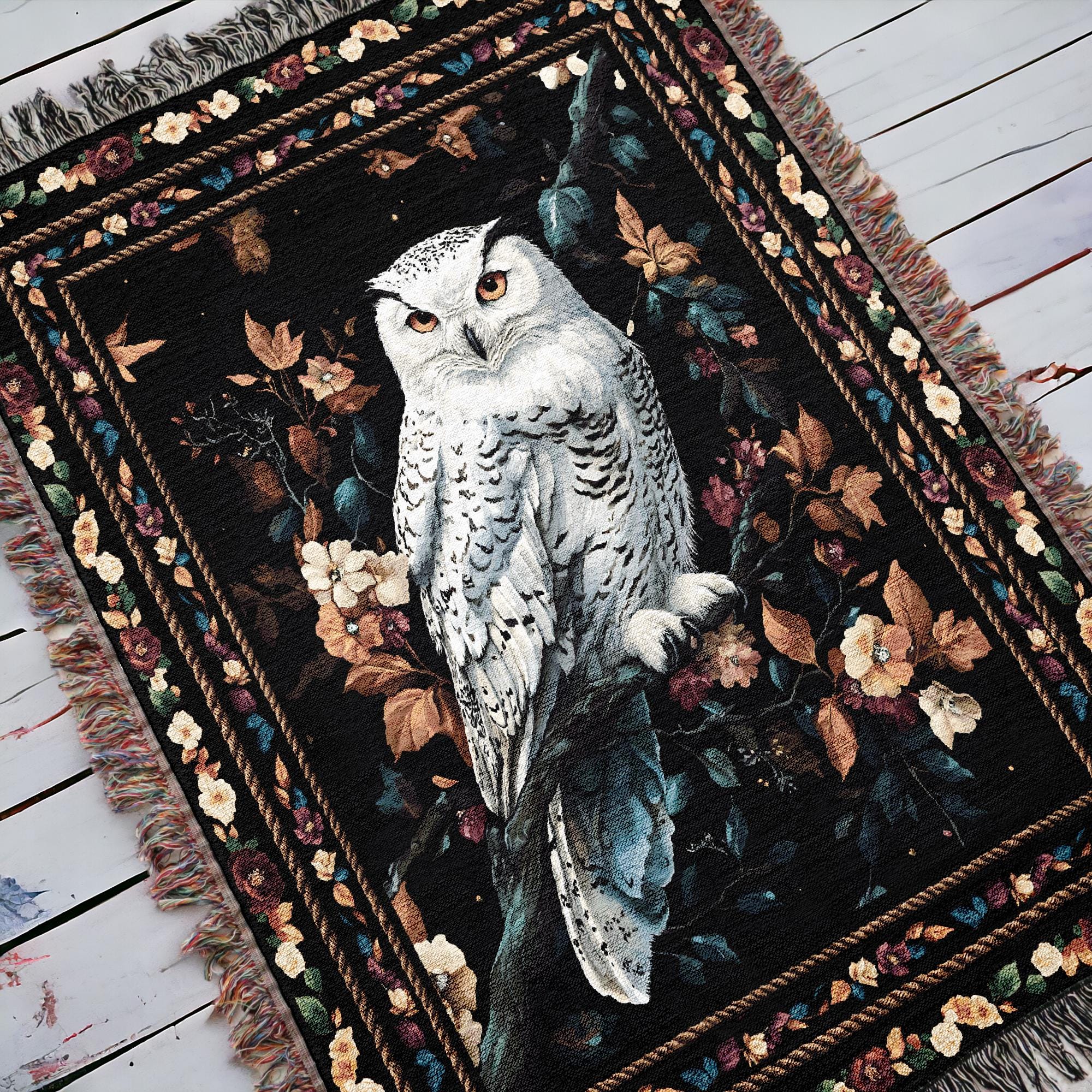 Floral Snowy Owl Woodland Woven Throw Blanket, Forest Wildlife Bird Wall Art Tapestry, Dark Moody Na