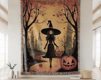 Whimsical Witch Halloween Woven Throw Blanket | Gift for Goth Girl | Mystical Gift | Fall Witch Decor | Occult Gothic Halloween Decor