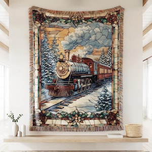 Stained Glass Christmas Train Woven Throw Blanket, Vintage Gift for Her, Winter Landscape Cozy Cottagecore Tapestry Holiday Maximalist Decor