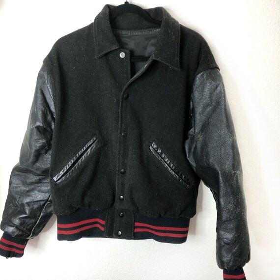 Vintage Black Varsity Jacket Leather Wool NO SIZE